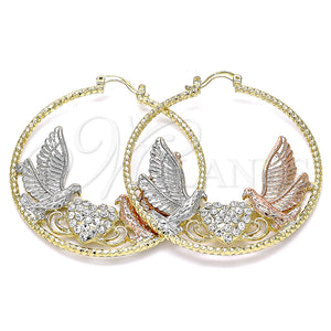 Gold Filled Hoop Earrings — Large Hoop Bird and Heart Design with White — main product view — SKU 136107 | Oro Laminado aretes de aro — Large Hoop Bird and corazón diseño with blanco — SKU 136107