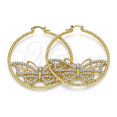 Oro Laminado Large Hoop, Gold Filled Style Butterfly Design, with White Crystal, Diamond Cutting Finish, Golden Finish, 02.380.0010.50