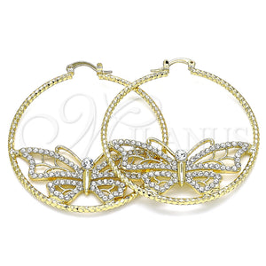 Gold Filled Hoop Earrings — Large Hoop Butterfly Design with White Crystal Diamond — main product view — SKU 136108 | Oro Laminado aretes de aro — Large Hoop Butterfly diseño with cristal blanco Diamond — SKU 136108