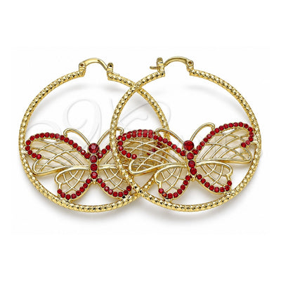 Oro Laminado Large Hoop, Gold Filled Style Butterfly Design, with Garnet Crystal, Diamond Cutting Finish, Golden Finish, 02.380.0011.50