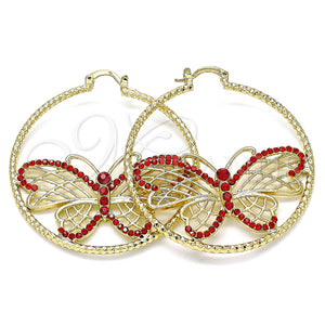 Gold Filled Hoop Earrings — Large Hoop Butterfly Design with Garnet Crystal Diamond — main product view — SKU 136109 | Oro Laminado aretes de aro — Large Hoop Butterfly diseño with Garnet cristal Diamond — SKU 136109