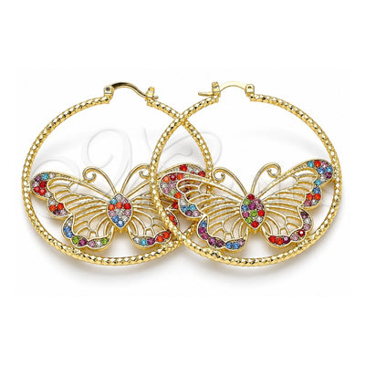 Oro Laminado Large Hoop, Gold Filled Style Butterfly Design, with Multicolor Crystal, Diamond Cutting Finish, Golden Finish, 02.380.0013.50