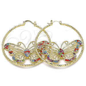 Gold Filled Hoop Earrings — Large Hoop Butterfly Design with Multicolor Crystal Diamond — main product view — SKU 136112 | Oro Laminado aretes de aro — Large Hoop Butterfly diseño with Multicolor cristal Diamond — SKU 136112
