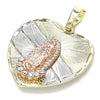 Oro Laminado Religious Pendant, Gold Filled Style Guadalupe and Heart Design, with White Crystal, Diamond Cutting Finish, Tricolor, 05.380.0003