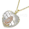 Oro Laminado Religious Pendant, Gold Filled Style Guadalupe and Heart Design, with White Crystal, Diamond Cutting Finish, Tricolor, 05.380.0003