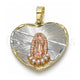 Oro Laminado Religious Pendant, Gold Filled Style Guadalupe and Heart Design, with White Crystal, Diamond Cutting Finish, Tricolor, 05.380.0003
