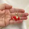Oro Laminado Necklace and Earring, Gold Filled Style Elephant Design, Red Enamel Finish, Golden Finish, 04.380.0002.2.20