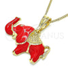Oro Laminado Necklace and Earring, Gold Filled Style Elephant Design, Red Enamel Finish, Golden Finish, 04.380.0002.2.20