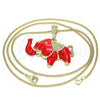Oro Laminado Necklace and Earring, Gold Filled Style Elephant Design, Red Enamel Finish, Golden Finish, 04.380.0002.2.20