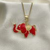 Oro Laminado Necklace and Earring, Gold Filled Style Elephant Design, Red Enamel Finish, Golden Finish, 04.380.0002.2.20