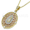 Oro Laminado Fancy Pendant, Gold Filled Style Guadalupe Design, with White Crystal, Diamond Cutting Finish, Tricolor, 05.380.0009