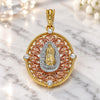 Oro Laminado Fancy Pendant, Gold Filled Style Guadalupe Design, with White Crystal, Diamond Cutting Finish, Tricolor, 05.380.0009