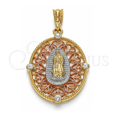 Oro Laminado Fancy Pendant, Gold Filled Style Guadalupe Design, with White Crystal, Diamond Cutting Finish, Tricolor, 05.380.0009