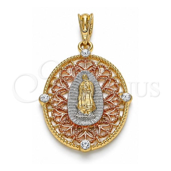 Oro Laminado Fancy Pendant, Gold Filled Style Guadalupe Design, with White Crystal, Diamond Cutting Finish, Tricolor, 05.380.0009