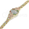 Oro Laminado Fancy Bracelet, Gold Filled Style Guadalupe and Butterfly Design, with Multicolor Cubic Zirconia, Polished, Tricolor, 03.380.0008.07 (06 MM Thickness, 7 Inches Length)