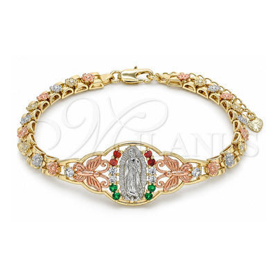 Oro Laminado Fancy Bracelet, Gold Filled Style Guadalupe and Butterfly Design, with Multicolor Cubic Zirconia, Polished, Tricolor, 03.380.0008.07 (06 MM Thickness, 7 Inches Length)