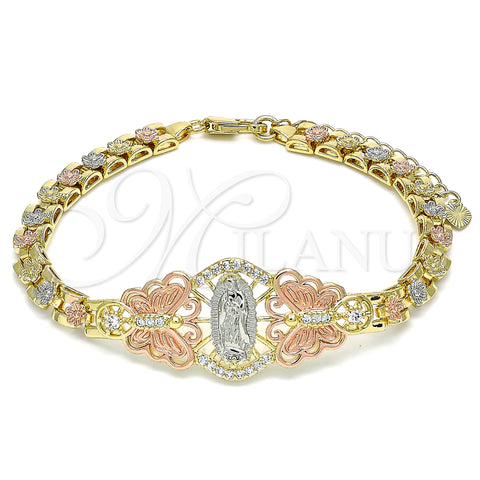 Oro Laminado Fancy Bracelet, Gold Filled Style Guadalupe and Butterfly Design, with White Cubic Zirconia, Polished, Tricolor, 03.380.0009.1.07 (06 MM Thickness, 7 Inches Length)