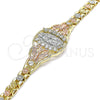 Oro Laminado Fancy Bracelet, Gold Filled Style Guadalupe and Butterfly Design, with White Cubic Zirconia, Polished, Tricolor, 03.380.0008.1.07 (06 MM Thickness, 7 Inches Length)
