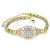 Oro Laminado Fancy Bracelet, Gold Filled Style Guadalupe and Butterfly Design, with White Cubic Zirconia, Polished, Tricolor, 03.380.0008.1.07 (06 MM Thickness, 7 Inches Length)