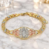 Oro Laminado Fancy Bracelet, Gold Filled Style Guadalupe and Butterfly Design, with White Cubic Zirconia, Polished, Tricolor, 03.380.0008.1.07 (06 MM Thickness, 7 Inches Length)