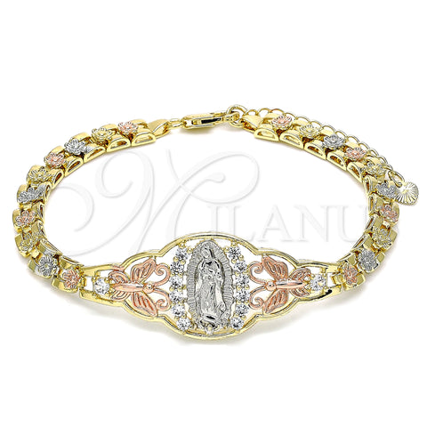 Oro Laminado Fancy Bracelet, Gold Filled Style Guadalupe and Butterfly Design, with White Cubic Zirconia, Polished, Tricolor, 03.380.0008.1.07 (06 MM Thickness, 7 Inches Length)
