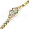 Oro Laminado Fancy Bracelet, Gold Filled Style Guadalupe and Heart Design, with Multicolor Cubic Zirconia, Polished, Tricolor, 03.380.0010.07 (06 MM Thickness, 7 Inches Length)
