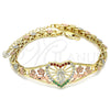 Oro Laminado Fancy Bracelet, Gold Filled Style Guadalupe and Heart Design, with Multicolor Cubic Zirconia, Polished, Tricolor, 03.380.0010.07 (06 MM Thickness, 7 Inches Length)