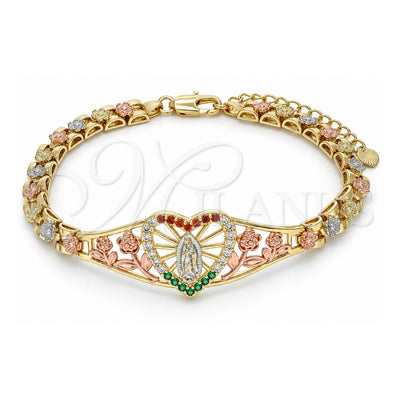 Oro Laminado Fancy Bracelet, Gold Filled Style Guadalupe and Heart Design, with Multicolor Cubic Zirconia, Polished, Tricolor, 03.380.0010.07 (06 MM Thickness, 7 Inches Length)