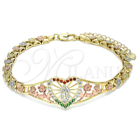 Oro Laminado Fancy Bracelet, Gold Filled Style Guadalupe and Heart Design, with Multicolor Cubic Zirconia, Polished, Tricolor, 03.380.0010.07 (06 MM Thickness, 7 Inches Length)