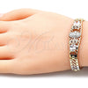 Oro Laminado Fancy Bracelet, Gold Filled Style Guadalupe and Owl Design, with White and Black Cubic Zirconia, Polished, Tricolor, 03.380.0011.08 (08 MM Thickness, 8 Inches Length)
