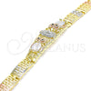 Oro Laminado Fancy Bracelet, Gold Filled Style Guadalupe and Owl Design, with White and Black Cubic Zirconia, Polished, Tricolor, 03.380.0011.08 (08 MM Thickness, 8 Inches Length)