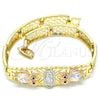 Oro Laminado Fancy Bracelet, Gold Filled Style Guadalupe and Owl Design, with White and Black Cubic Zirconia, Polished, Tricolor, 03.380.0011.08 (08 MM Thickness, 8 Inches Length)
