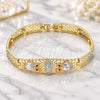 Oro Laminado Fancy Bracelet, Gold Filled Style Guadalupe and Owl Design, with White and Black Cubic Zirconia, Polished, Tricolor, 03.380.0011.08 (08 MM Thickness, 8 Inches Length)
