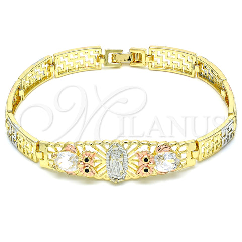 Oro Laminado Fancy Bracelet, Gold Filled Style Guadalupe and Owl Design, with White and Black Cubic Zirconia, Polished, Tricolor, 03.380.0011.08 (08 MM Thickness, 8 Inches Length)