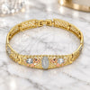 Oro Laminado Fancy Bracelet, Gold Filled Style Guadalupe and Elephant Design, with White and Black Cubic Zirconia, Polished, Tricolor, 03.380.0012.08 (08 MM Thickness, 8 Inches Length)