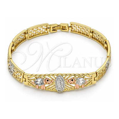 Oro Laminado Fancy Bracelet, Gold Filled Style Guadalupe and Elephant Design, with White and Black Cubic Zirconia, Polished, Tricolor, 03.380.0012.08 (08 MM Thickness, 8 Inches Length)