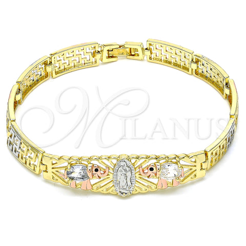 Oro Laminado Fancy Bracelet, Gold Filled Style Guadalupe and Elephant Design, with White and Black Cubic Zirconia, Polished, Tricolor, 03.380.0012.08 (08 MM Thickness, 8 Inches Length)