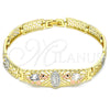 Oro Laminado Fancy Bracelet, Gold Filled Style Guadalupe and Elephant Design, with White and Black Cubic Zirconia, Polished, Tricolor, 03.380.0012.08 (08 MM Thickness, 8 Inches Length)