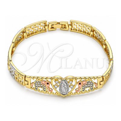 Oro Laminado Fancy Bracelet, Gold Filled Style Elephant and Guadalupe Design, with White and Black Cubic Zirconia, Polished, Tricolor, 03.380.0014.08 (08 MM Thickness, 8 Inches Length)