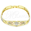Oro Laminado Fancy Bracelet, Gold Filled Style Elephant and Guadalupe Design, with White and Black Cubic Zirconia, Polished, Tricolor, 03.380.0014.08 (08 MM Thickness, 8 Inches Length)