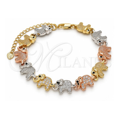 Oro Laminado Fancy Bracelet, Gold Filled Style Elephant Design, with White and Black Micro Pave, Polished, Tricolor, 03.380.0016.07 (10 MM Thickness, 7 Inches Length)