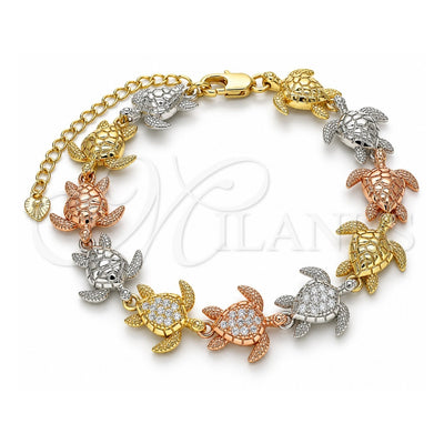 Oro Laminado Fancy Bracelet, Gold Filled Style Turtle Design, with White Micro Pave, Polished, Tricolor, 03.380.0017.07 (15 MM Thickness, 7 Inches Length)