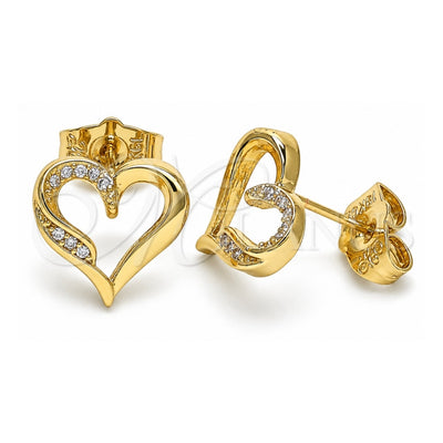 Oro Laminado Stud Earring, Gold Filled Style Heart Design, with White Micro Pave, Polished, Golden Finish, 02.156.0486
