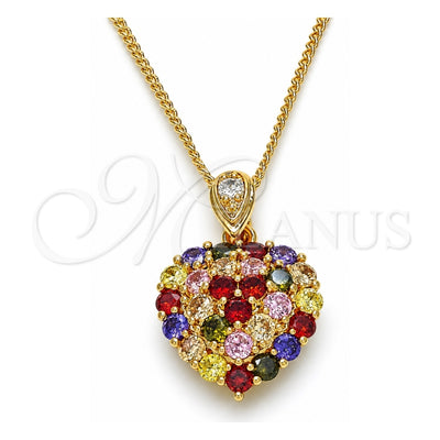 Oro Laminado Pendant Necklace, Gold Filled Style Heart Design, with Multicolor Cubic Zirconia, Polished, Golden Finish, 04.346.0014.2.20 (02 MM Thickness, 20 Inches Length)