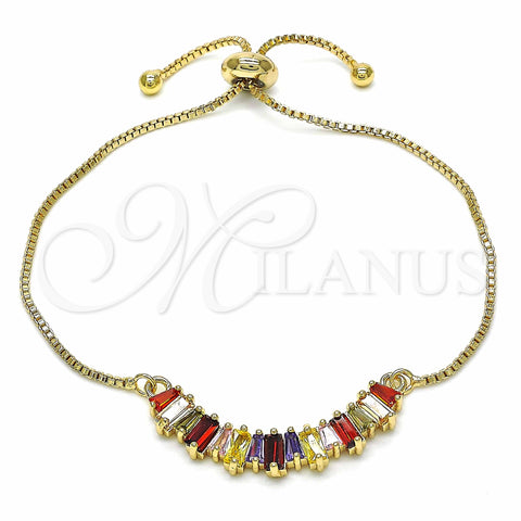 Oro Laminado Adjustable Bolo Bracelet, Gold Filled Style Baguette Design, with Multicolor Cubic Zirconia, Polished, Golden Finish, 03.316.0063.10 (01 MM Thickness, 10 Inches Length)