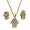 Oro Laminado Earring and Pendant Adult Set, Gold Filled Style Hand of God and Judaica Design, with Multicolor Micro Pave, Polished, Golden Finish, 10.316.0051