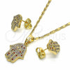 Oro Laminado Earring and Pendant Adult Set, Gold Filled Style Hand of God and Judaica Design, with Multicolor Micro Pave, Polished, Golden Finish, 10.316.0051