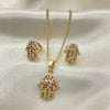 Oro Laminado Earring and Pendant Adult Set, Gold Filled Style Hand of God and Judaica Design, with Multicolor Micro Pave, Polished, Golden Finish, 10.316.0051
