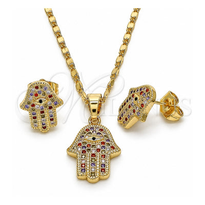 Oro Laminado Earring and Pendant Adult Set, Gold Filled Style Hand of God and Judaica Design, with Multicolor Micro Pave, Polished, Golden Finish, 10.316.0051