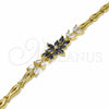 Oro Laminado Fancy Bracelet, Gold Filled Style Flower and Leaf Design, with Black and White Cubic Zirconia, Polished, Golden Finish, 03.316.0070.08 (05 MM Thickness, 8 Inches Length)